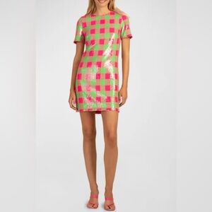 Trina Turk Lupine Sequined Checkerboard Mini Dress Pink & Green Size 8 NEW